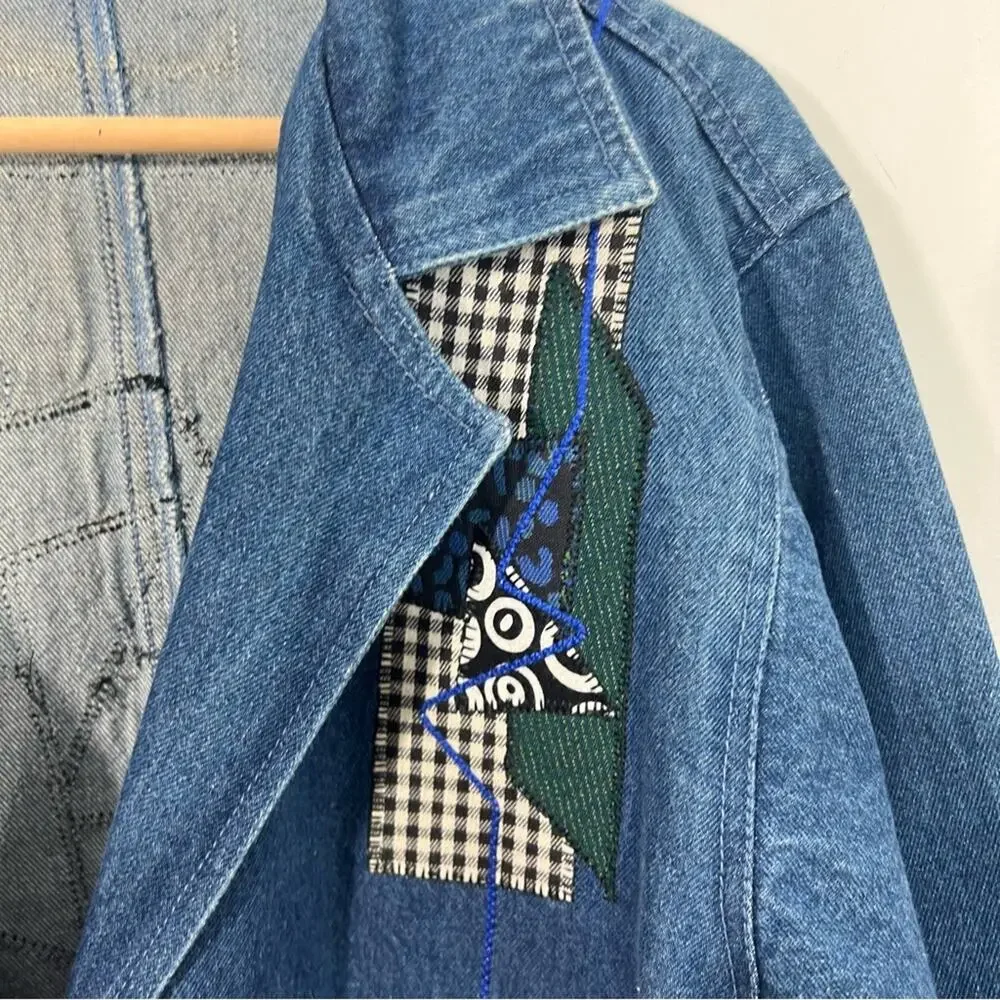 Vintage Denim Applique Created By Connie Oversized Long Trench Coat Size XS